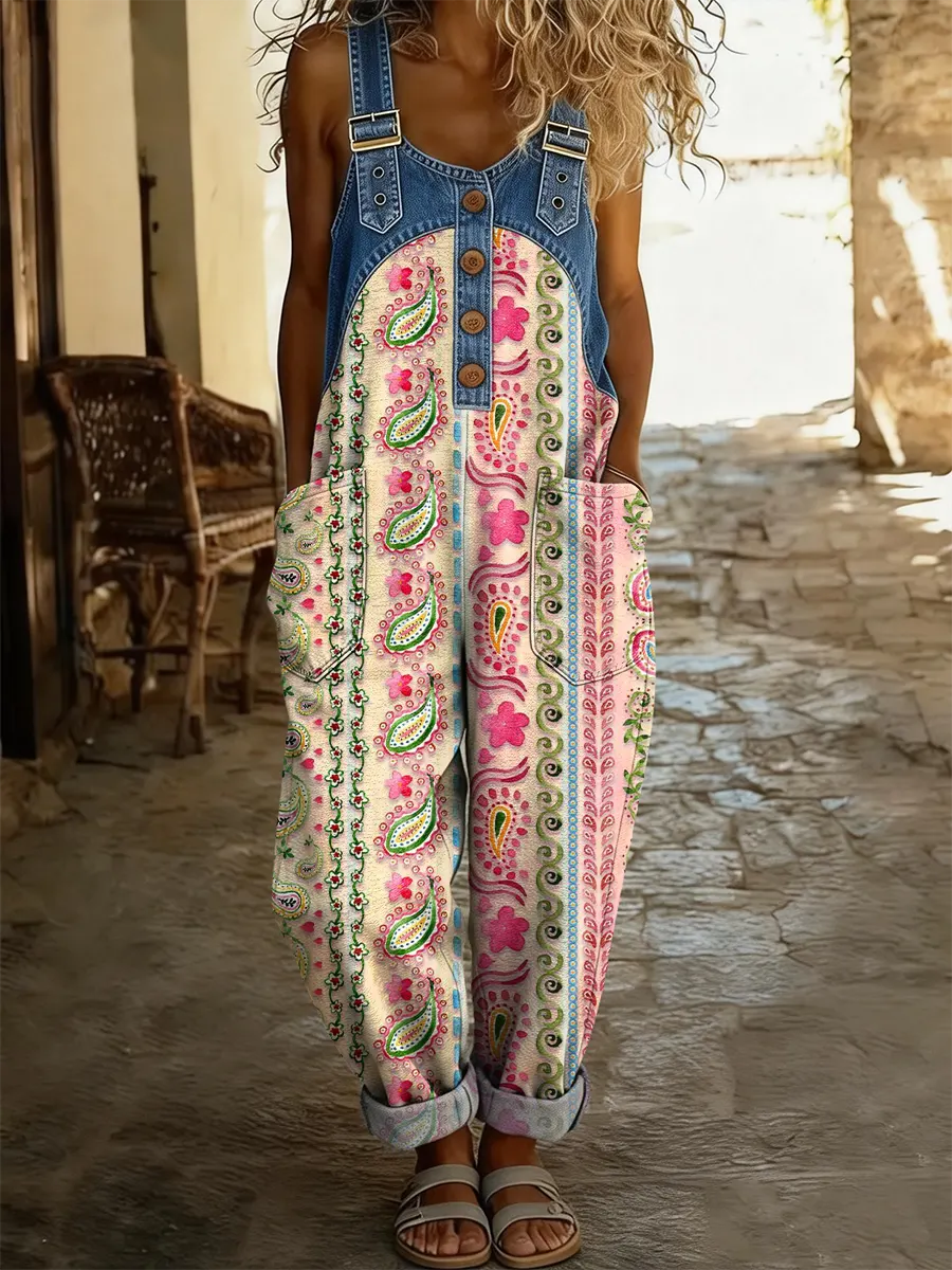 Women's Striped Paisley Floral Art Print Washed Cotton Denim Patchwork Jumpsuit
